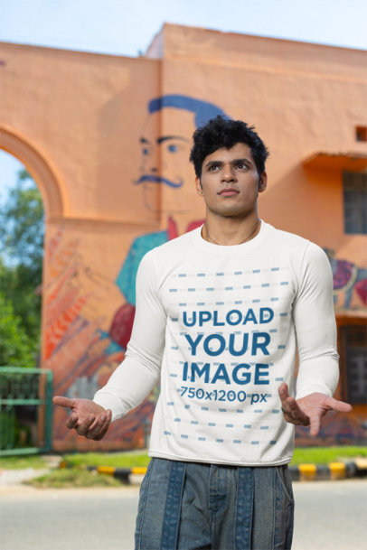 Sweatshirt Mockup of a Man Doing a Shrug Gesture on the Street