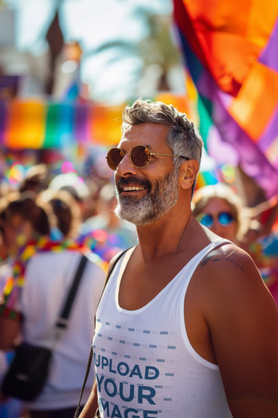 Mockup of a Bearded Man Wearing a Tank Top and a Colorful Necklace at a Gay Parade