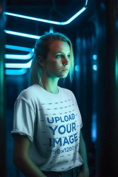 AI-Created T-Shirt Mockup of a Woman Wearing a 00s-Inspired Look 