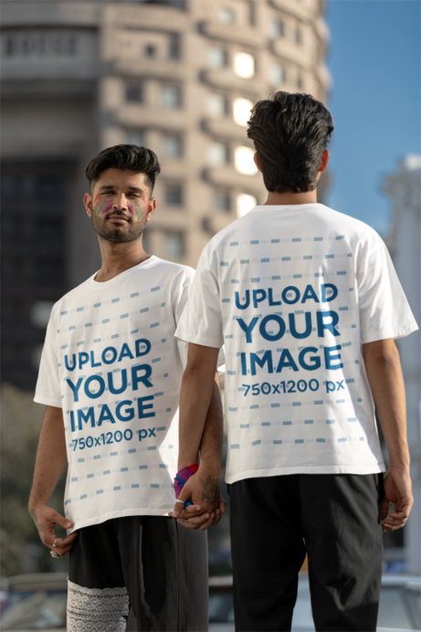 Blinkstore Tee Mockup of Two Men Holding Hands to Celebrate Gay Pride Month
