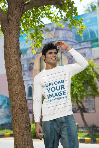 Crewneck Sweatshirt Mockup Featuring a Man Looking at Something m39286