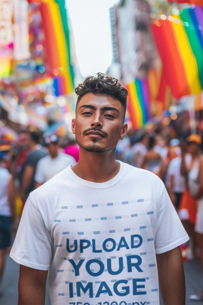 Round-Neck T-Shirt Mockup of an AI-Generated Man Standing in a Gay Parade