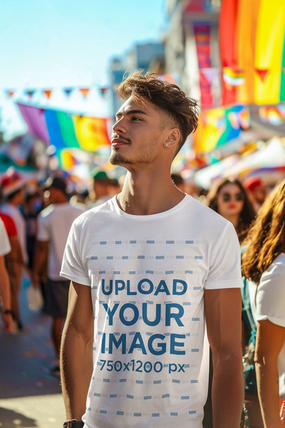 T-Shirt Mockup Featuring an AI-Created Man in an LGBT-Themed March