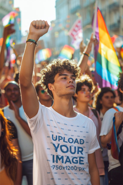 T-Shirt Mockup of an AI-Created Man Raising His Fist in a Gay Pride Parade