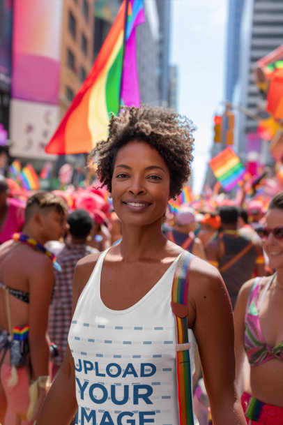 Tank Top Mockup of an AI-Generated Happy Woman in a Pride Parade