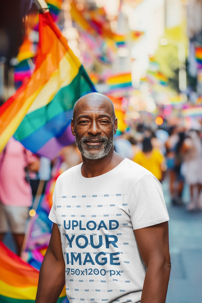 T-Shirt Mockup Featuring an AI-Generated Bearded Man in a Pride March