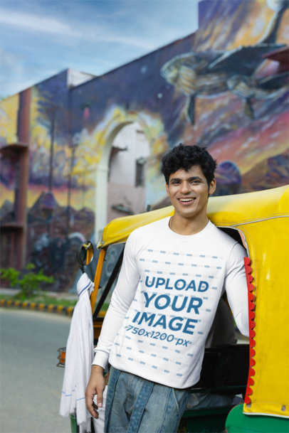 Sweatshirt Mockup of a Smiling Man Leaning on a Small Vehicle m39175
