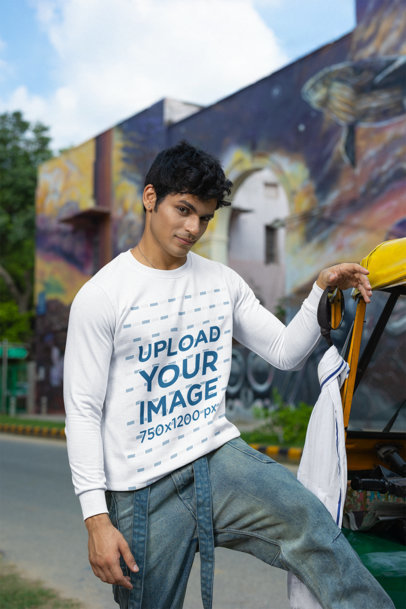 Sweatshirt Mockup Featuring a Man Posing by a Small Vehicle m39176