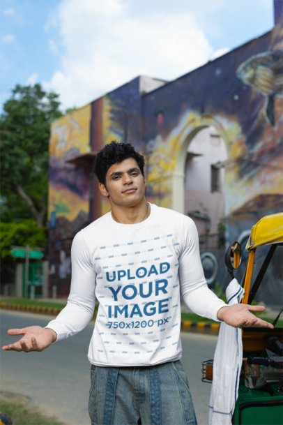Crewneck Sweatshirt Mockup Featuring a Man Doing a Shrug Gesture on the Street m39172