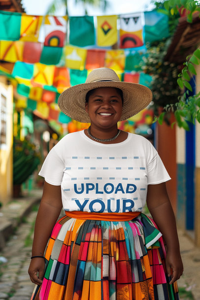 T-Shirt Mockup Featuring a Cheerful AI-Generated Woman in a Festa Junina Celebration