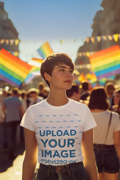 Round-Neck T-Shirt Mockup Featuring an AI-Generated Woman Standing in a Pride March