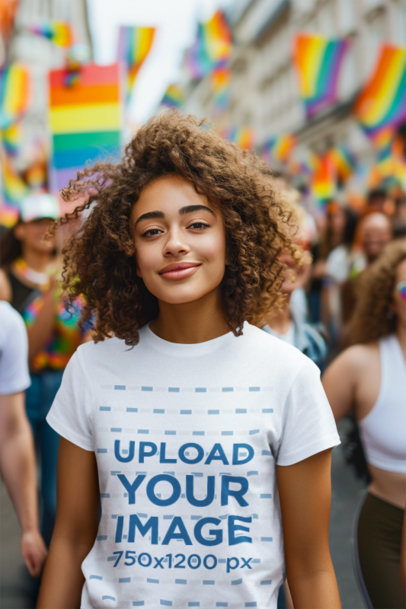 Mockup of an AI-Created Woman with Curly Hair Wearing a T-Shirt at a Pride March