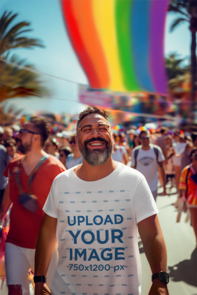 T-Shirt Mockup of an AI-Created Happy Man Celebrating in a Pride Parade
