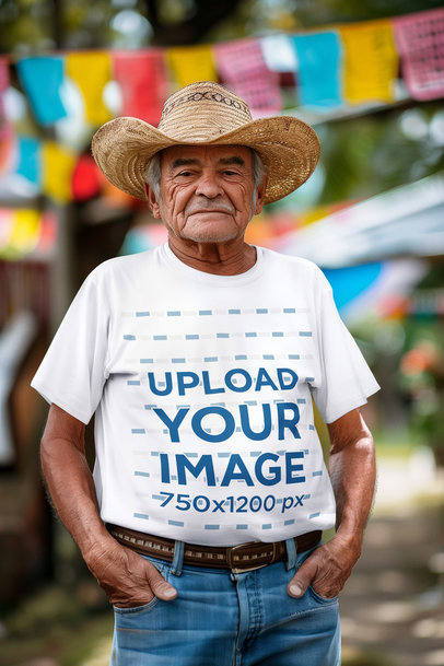 Round-Neck Tee Mockup of an AI-Created Senior Man in a Festa Junina Event