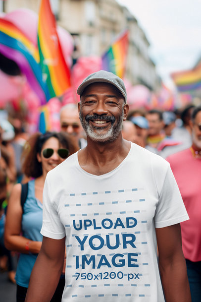 T-Shirt Mockup of a Smiling Bearded Man at a Gay Pride Parade
