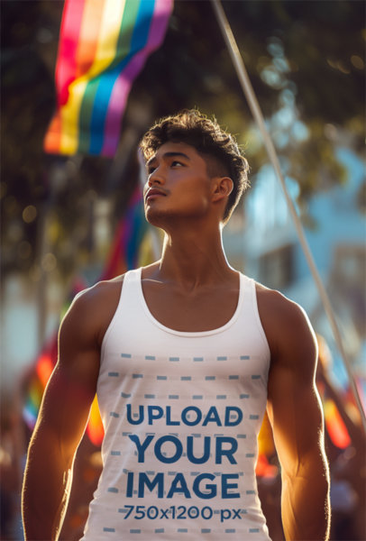 AI-Created Mockup of a Man Wearing a Tank Top at a Gay Pride March Event