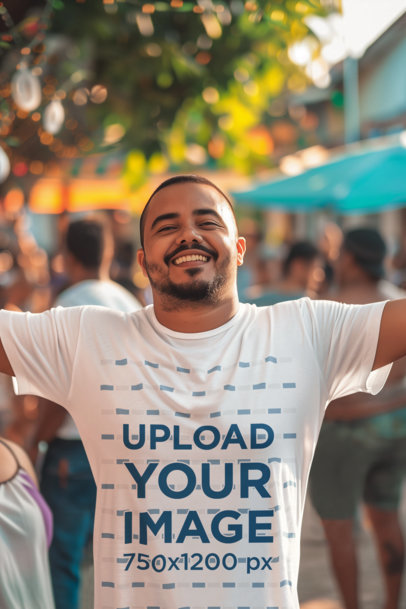 Round-Neck Tee Mockup Featuring an AI-Generated Happy Man in a Festa Junina Celebration
