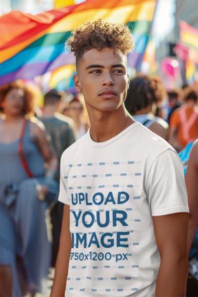 AI-Created Mockup of a Man Wearing a Round-Neck T-Shirt at a Gay Pride March