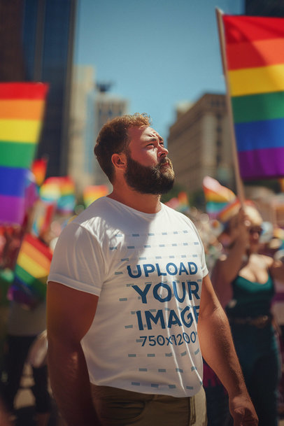 Mockup of a Bearded Man Wearing a Round-Neck T-Shirt at a Gay Pride March
