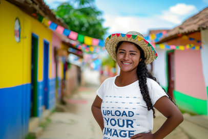 T-Shirt Mockup Featuring an AI-Created Woman Posing With a Smile for Festa Junina