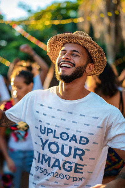 T-Shirt Mockup of a Cheerful AI-Generated Man in a Festa Junina Celebration