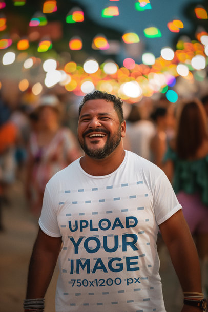 T-Shirt Mockup Featuring an AI-Created Man Laughing in a Festa Junina Celebration