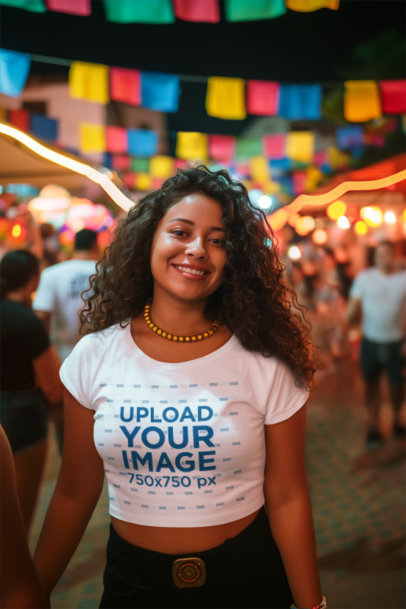 Crop Top Mockup Featuring an AI-Created Woman Smiling in a Festa Junina Party