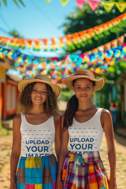 Tank Top Mockup Featuring Two AI-Generated Women in a Festa Junina Celebration