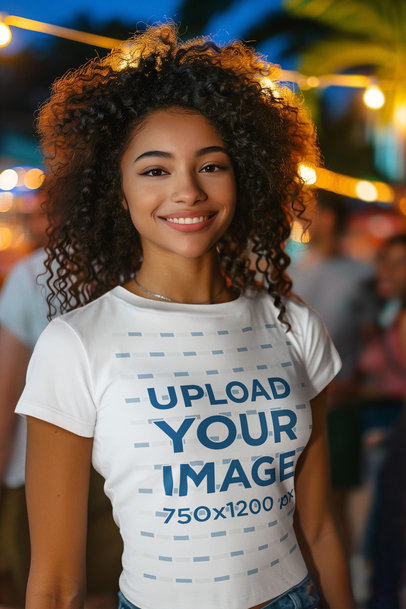 T-Shirt Mockup Featuring a Smiling Curly-Haired Woman Celebrating Festa Junina