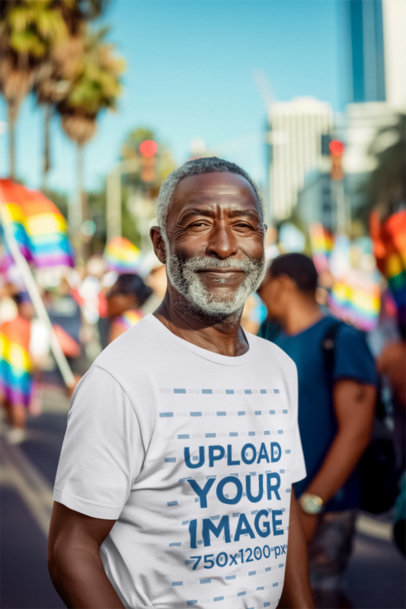 Round-Neck T-Shirt Mockup of an AI-Created Senior Man in a Pride Parade