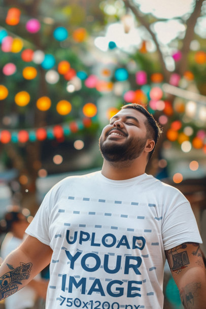 T-Shirt Mockup of an AI-Generated Smiling Man Celebrating Festa Junina