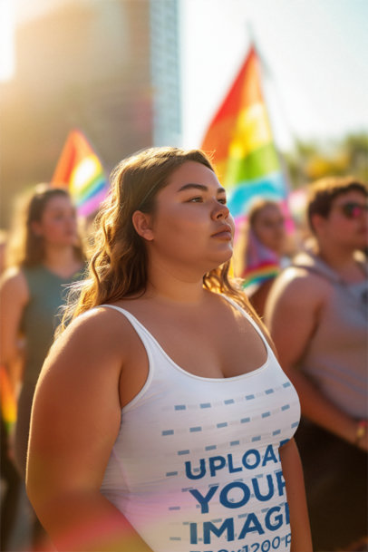 Tank Top Mockup Featuring an AI-Created Woman in a Pride Month Protest m39315