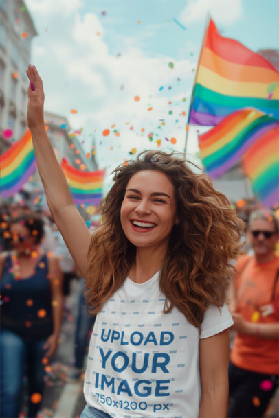 AI-Created T-Shirt Mockup of a Happy Woman Celebrating Gay Pride Month at a Parade m39347