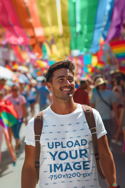AI-Generated Mockup of a Happy Man Wearing a T-Shirt at a Gay Pride Parade