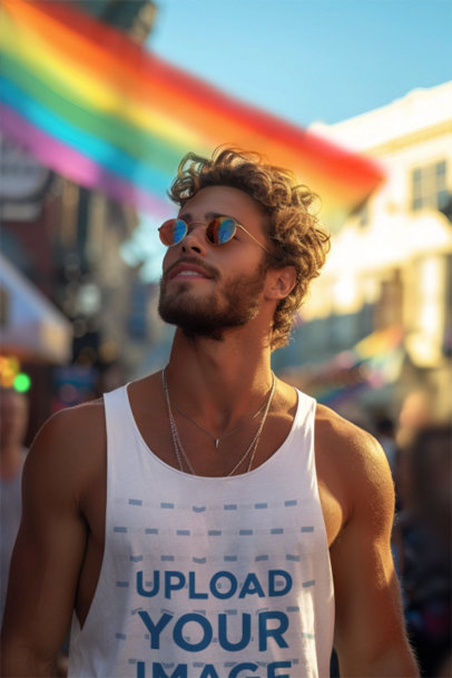 AI-Created Mockup of a Man Wearing a Tank Top at a Gay Pride Celebration