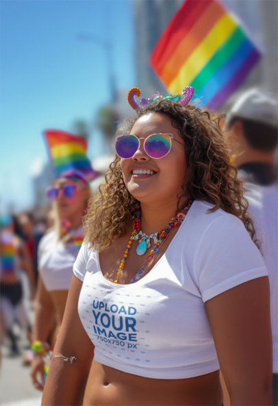 Crop Top Mockup Featuring an AI-Created Woman at an LGBT Pride Parade