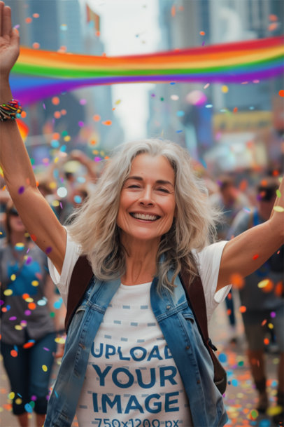 Round-Neck Tee Mockup of a Senior Woman Celebrating at a Gay Pride March