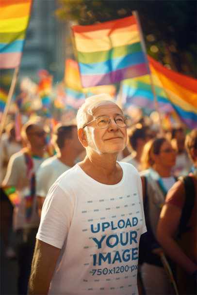 Mockup of an AI-Created Senior Man Wearing a T-Shirt at an LGBT Pride Protest