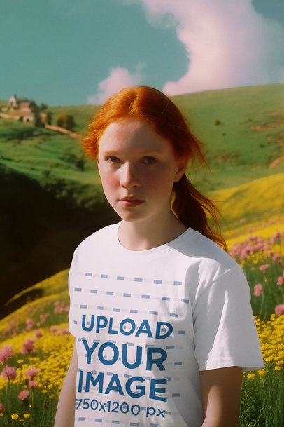 Mockup of a Redhead Girl Wearing a Tee at a Green Field Inspired by a Retro Wizard Movie