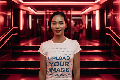 Movie-Inspired Mockup of a Woman Wearing a T-Shirt in a Room with Neon Lights