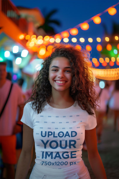 T-Shirt Mockup of a Curly-Haired Woman Generated by AI Celebrating Festa Junina