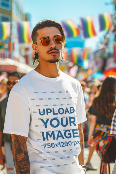 T-Shirt Mockup of an AI-Created Tattooed Man in a Pride Month Parade