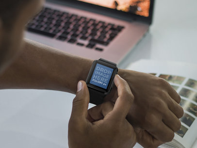 Young Man Using His Apple Watch While Studying Mockup Template