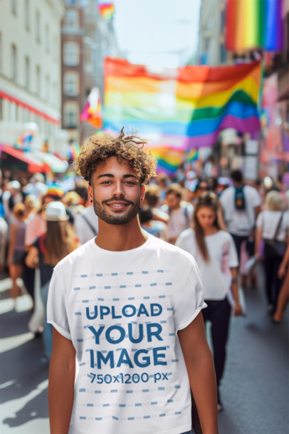 T-Shirt Mockup of a Happy Man Celebrating Gay Pride at a March