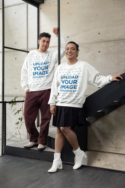 Gildan Sweatshirt Mockup of Two Happy Persons Posing in a Staircase