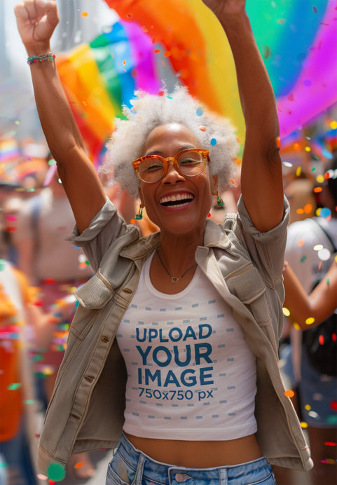 Tank Top Mockup of a Joyful Senior Woman Cheering at a Gay Pride Parade