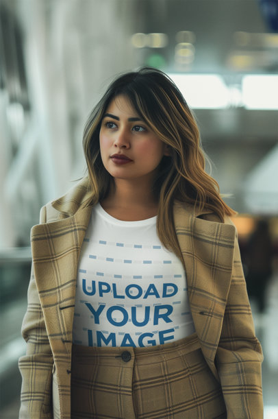 T-Shirt Mockup Featuring an AI-Created Woman in an Old Money Fashion Outfit