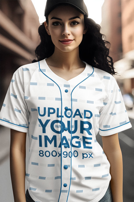 Jersey Mockup Featuring a Happy AI-Created Woman With Curly Hair