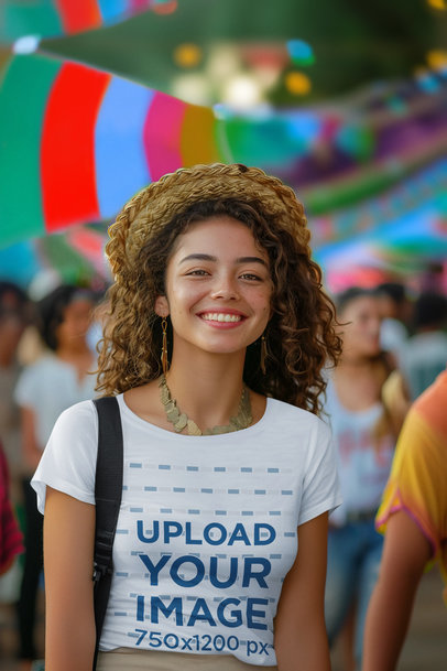 T-Shirt Mockup of a Happy Woman with Curly Hair Celebrating Festa Junina 