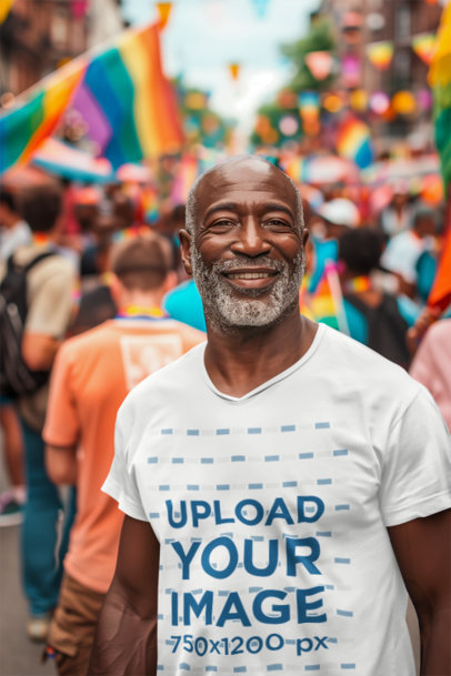 T-Shirt Mockup Featuring a Bearded Man Generated by AI at a Gay Pride Parade